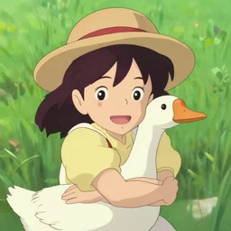an adorable anime girl wearing a sunhat hugging a goose, studio ghibli, artstation, very very very very cute