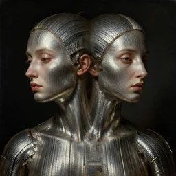 symmetrical portrait painting of ribbed woman covered with metallic ribbed tubes, lucid dream - like heavy atmosphere, baroque painting, perfect composition, detailed octane render trending on artstation, 8 k artistic photography, volumetric cinematic perfect light, chiaroscuro, masterpiece, raphael, caravaggio, beksinski, rutkowski, beeple