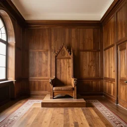 interior of a large castle throne room renovated to a modern room, wood panels, interior design