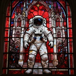 red and black stained glass with an astronaut standing in front of a cathedral, centered composition