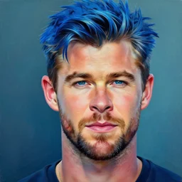 a portrait of chris hemsworth with blue hair, vivid colors, photorealistic painting by mandy jurgens, trending on artstation, photorealism, detailed painting, behance hd, hyper realism