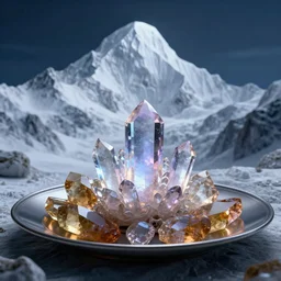 alien crystal food on a plate, octane render uhd, filmic lighting, cinematic art shot, hyperrealistic, hyperdetailed, super detailed, 8 k, high resolution, 8 k uhd matte painting by ross tran and ivan aivazovsky, mega high white mountain, midnight