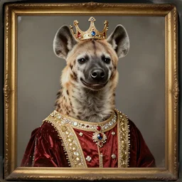 professional studio photo portrait of anthro anthropomorphic spotted hyena head animal person fursona smug smiling wearing elaborate pompous royal king robes clothes gold frame by Louis Daguerre daguerreotype tintype
