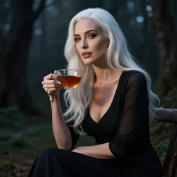 a beautiful woman with white hair wearing a black dress is sitting in the forest holding a cup of tea, skeleton fingers, monica bellucci, beautiful face, beautiful eyes, beautiful lips, elegant, beautiful, dimly lit, dark sky, volumetric lighting, cinematic lighting, unreal engine, trending on artstation, style artgerm, by greg rutkowski