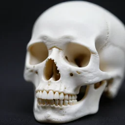 a tiny, pristine white human Skull, plain black background, close-up macro photography, bokeh, shallow focus