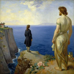 a person standing on a cliff, looking out at the ocean, by artgerm and greg rutkowski and alphonse mucha and william