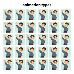 an animation of the same man waving his arm from left to right in digital frame by frame, separated into equally sized frames, from'animation types'