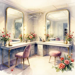 a hiper intricate watercolor of a beatiful modern dressing room with mirror and flowers, being built piece by piece, almost done, fibonacci, intricate, highly detailed, digital painting, artstation, concept art, extremely detailed, sharp focus, wide view, smooth, digital illustration, colorfull, by william turner art, by greg rutowski, by carl larson, by edmund du
