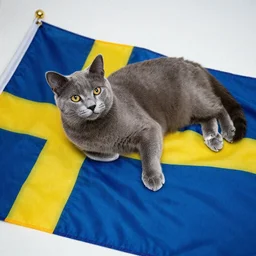 a russian blue cat laying on top of a swedish flag, realistic, portra 400, grainy