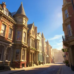 victorian town street scene, blue sky, detailed, concept art, low angle, highly detailed, warm lighting, volumetric, godrays, vivid, trending on artstation, by jordan grimmer, greg rutkowski