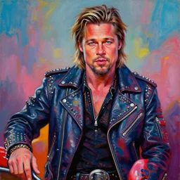 portrait of brad pitt as a scifi apocalyptic demonic orcish goblin biker character, cool pose, psychedelic vibrant colors, futuristic punk rock fashion, oil painting by michael whelan art, sharp focus, realistic, detailed eyes, 8 0 s hair, studded leather jacket, 8 k