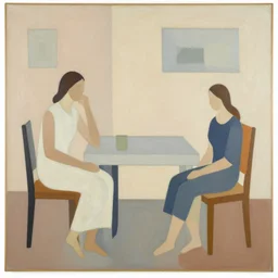 A painting of 3 people in a room, abstract painting in the style of Sophie Taeuber-Arp and Gary Hume and Tatsuro Kiuchi, flat colour-block style, geometric abstraction, earthy light pastel colours