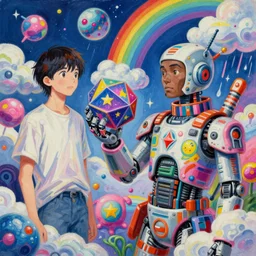 surreal gouache painting, by yoshitaka amano, by ruan jia, by conrad roset, by kilian eng, by good smile company, detailed anime 3 d render of floating molecules and a travis scott as a robot artist holding an icosahedron with stars, clouds, and rainbows in the background, cgsociety, artstation, modular patterned mechanical costume and headpiece, retrowave atmosphere