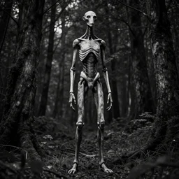 photorealistic detailed tall skinny humanoid creature in a dark forest at night, extremly detailed, black and white, 8 k, realistic, sharp focus