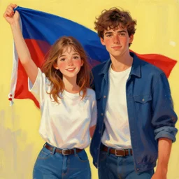 movie poster, girl and boy with flag, painted by sylvain sarrailh, rhads, ferdinand knab, trending on artstation