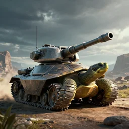 a lone turtle as futuristic tank with a mounted cannon on it's back, digital art, concept art, trending on DeviantArt, trending on Artstation, high quality, 8K HDR, octane render, unreal engine 5, path tracing, breathtaking landscape, dramatic lighting, cinematic, highly detailed