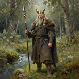 Viking Druid in the sommer, forrest with a small river, oil painting.