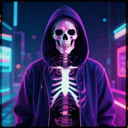 skeletor in hoodie, portrait, vaporwave, synthwave, neon, vector graphics, cinematic, volumetric lighting, f 8 aperture, cinematic eastman 5 3 8 4 film, photorealistic