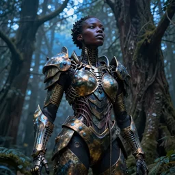 hyperrealistic very expressive! black woman with detailed exoskeleton armor, merging with tree in a forest, matte painting masterpiece brad kunkle hannah yata dramatic blue light low angle hd 8k sharp focus