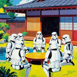 close - up image of a japanese house with a pond, stormtroopers sitting around it, in style of pop - art, andy warhol, roy lichtenstein, jackie tsai, bright palette, acrylic on canvas