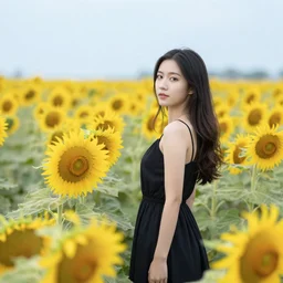 a photo of a girl in a black dress in a field of sunflowers, professional photography