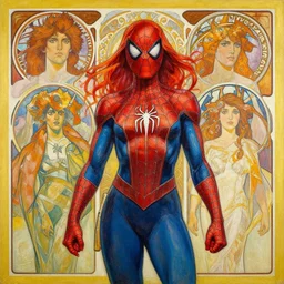 spider - woman by mcfarlane, alphonse mucha, artgerm and greg rutkowski and magali villeneuve. acrylic painting.