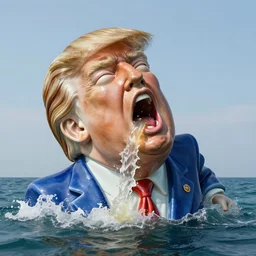 a massive porcelain sculpture of a surreal distorted donald trump vomiting jelly from the mouth on the ocean water, in the style of johnson tsang, funny sculpture, lucid dream series, cinematic, hyper - realistic, very detailed, realistic water splashes, ray tracing, 8 k resolution, long - shot, sharp focus, low angle, 8 5 mm photograph, wide lens