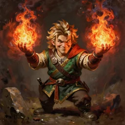 beautiful portrait painting of a very short and small male halfing bard from pathfinder, evil smirk, narcissist, self centered, casting fireball, painted by larry elmore, wayne reynolds, greg rutkowski, magic the gathering, dungeons and dragons, dishonored 2