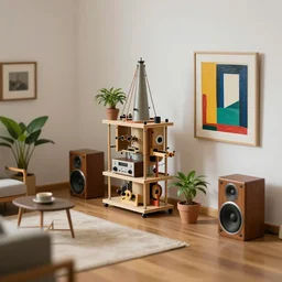tilt shift focus, miniature 1 9 4 0 s interior design by gaudi, rube goldberg machine, house plants, hi - fi stereo with speakers, modern furniture, bold modern art by motherwell, mid century, minimalist