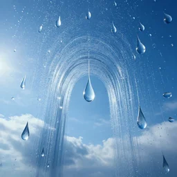 beautiful picture of a tunnel of big upside-down raindrops floating quietly in a sunny blue sky, highly-detailed, fantastic, dramatic lighting, artstation, 4k