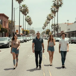photo of an average los angeles street, cinematic color grading, various poses, soft light, faded colors, well framed, sharp focus, 8 k