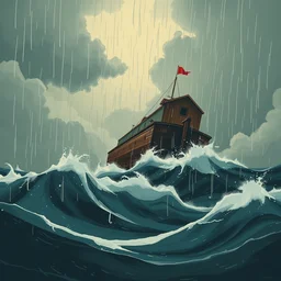 kentucky ark encounter floating on huge stormy seas dark clouds and rain, limited neutral palette, by pascal campion, petros afshar, anton fadeev, dean ellis, randolph stanley hewton, beautiful graphic, propaganda poster art 1 9 7 0 s illustrated advertising art, painterly design