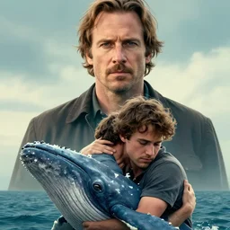 cinematic artwork close up of Jordan Peterson, behind him a young man hugs his father next to a beached whale, by Greg Rutkowski, 4k, masterpiece