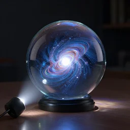 a universe inside of a glass sphere sitting on table, flash light, diffraction, caustics, octane render, epic composition, masterpiece artwork