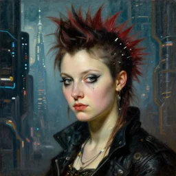 close up portrait of a punk girl in a cyberpunk city, oil painting by canaletto hieronymus bosch leonardo da vinci