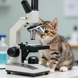 kitten under a microscope