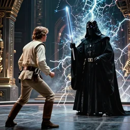 screenshot from the film, Luke Skywalker faces off against unknown sith lord in electricity filled temple, 1970s film directed by Stanley Kubrick, Kodak color film, LUT, 4K, hyperdetailed, iconic scene, moody cinematography, anamorphic lenses