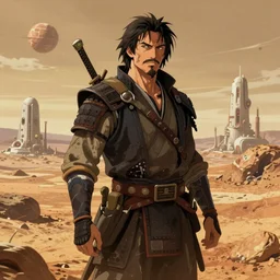Thomas Jane, an illustration of a worn out samurai that got time travelled to a futuristic colonized Mars, art by Ilya Kuvshinov, highly detailed, anime key visual, warm colors, epic landscape, HD digital art, artstation