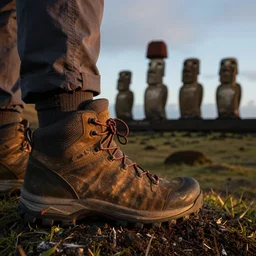 A hiking boot, stepping on Easter Island, Moai in the background, early morning, 35mm macro shot