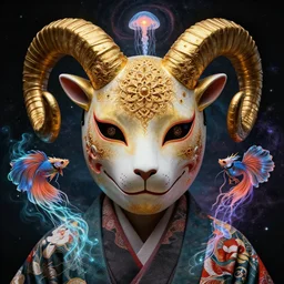 3 d god fractal close - up frontal portrait with ram golden mandelbulb skull. beautiful mandelbrot intricately detailed japanese fractal kitsune mask and clasical japanese kimono. betta dragon, jellyfish phoenix, bio luminescent, plasma, nebula, water, wind, creature, mandelbulb, fractal, artwork by tooth wu and wlop and beeple and greg rutkowski
