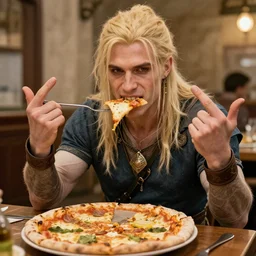 geralt of rivia eating a pizza while doing italian hand gestures