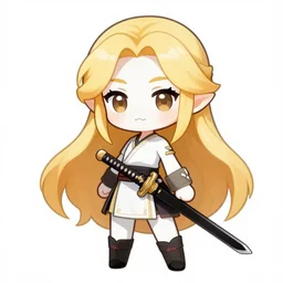 chibi, cute, female, full body, elf girl with white skin and golden hair holding a katana, stunning art style, trending art, sharp focus, centered, fate zero, extremely high detailed, bokeh color background, studio ghibly makoto shinkai yuji yamaguchi, by wlop