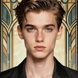 art by H.R. Giger, Patrick Nagel, art deco, art nouveau, portrait of a beautiful young slender teen male fashion model, beautiful face, symmetrical face, fashion magazine photo, beautiful eyes, semi realistic anime, anime! 4k