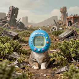 a cat with an old Tamagotchi for a head in the middle of an apocalyptic wasteland overgrown by shrubbery