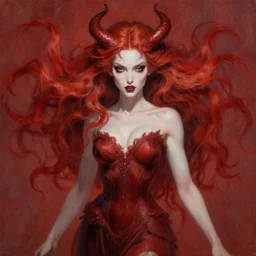a demonic princess with flowing red hair painting by greg ruthowski, detailed, henry ascensio, craig mullins, intricate and detailed