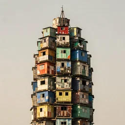close - up view of a tower made up of colourful makeshift squatter shacks, faded colours, plain off white sky, mamiya, very detailed, photographed by cristina de middel