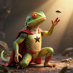 3D render on a lizard man super hero catching a fly