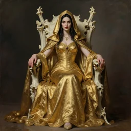 full body portrait of a hooded beautiful vampire queen in gold gothic robes sitting on a throne of bones, elegant, highly detailed painting by gaston bussiere, craig mullins, j. c. leyendecker, 8 k, mid shot