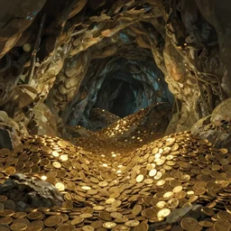an underground cave with piles of gold coins in it, by studio ghibli