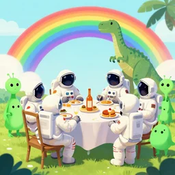 Astronauts are having a party with a green aliens and some dinosaurs under a rainbow, by Jordan Grimmer, digital art, trending on Artstation,